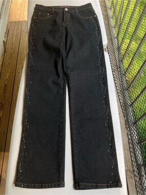 Vintage Y2K Cos Jeans Black Botanical Embroidery Silver Rhinestones Black Jeans